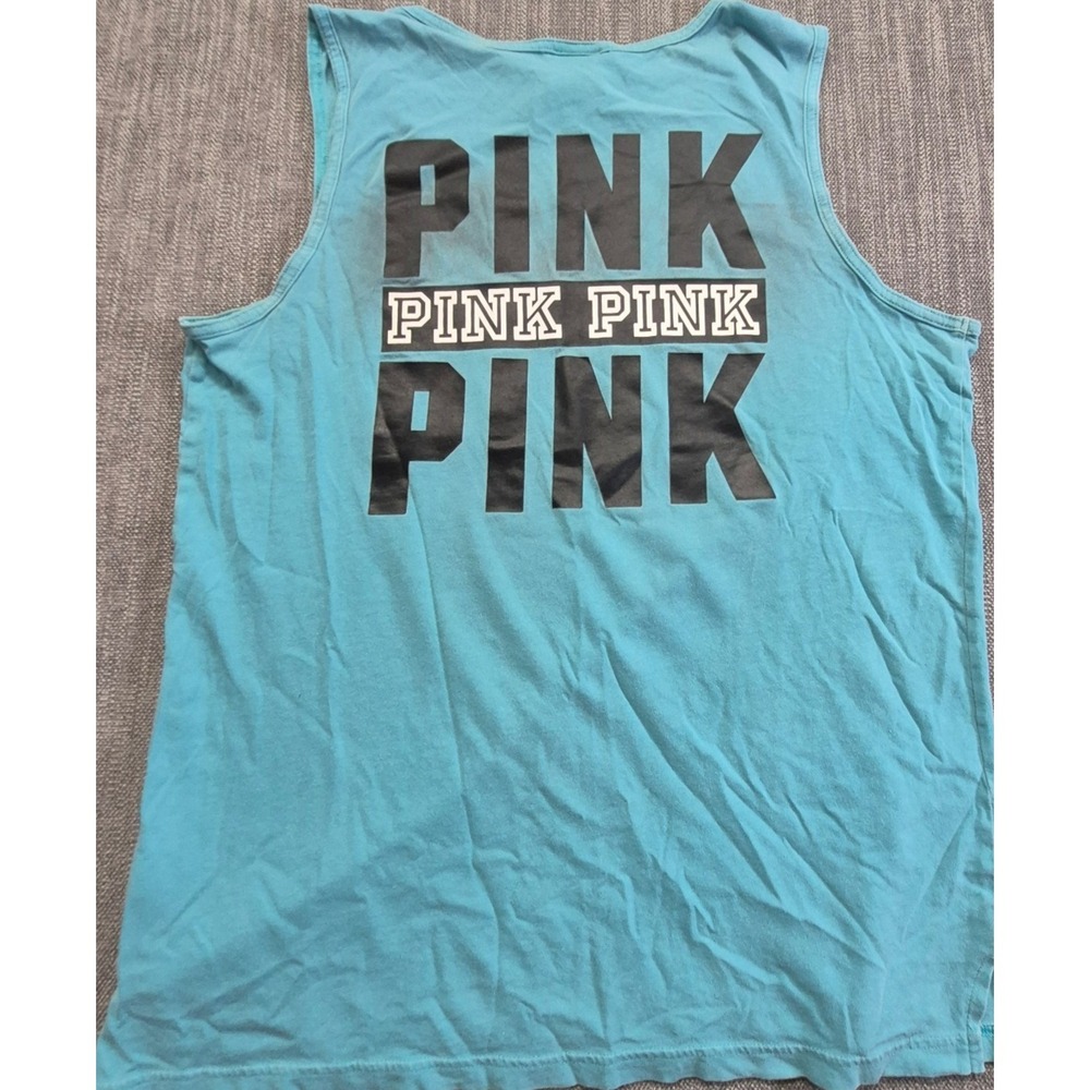 Victoria Secret Pink women's teal blue double side graphic tank top SM pocket